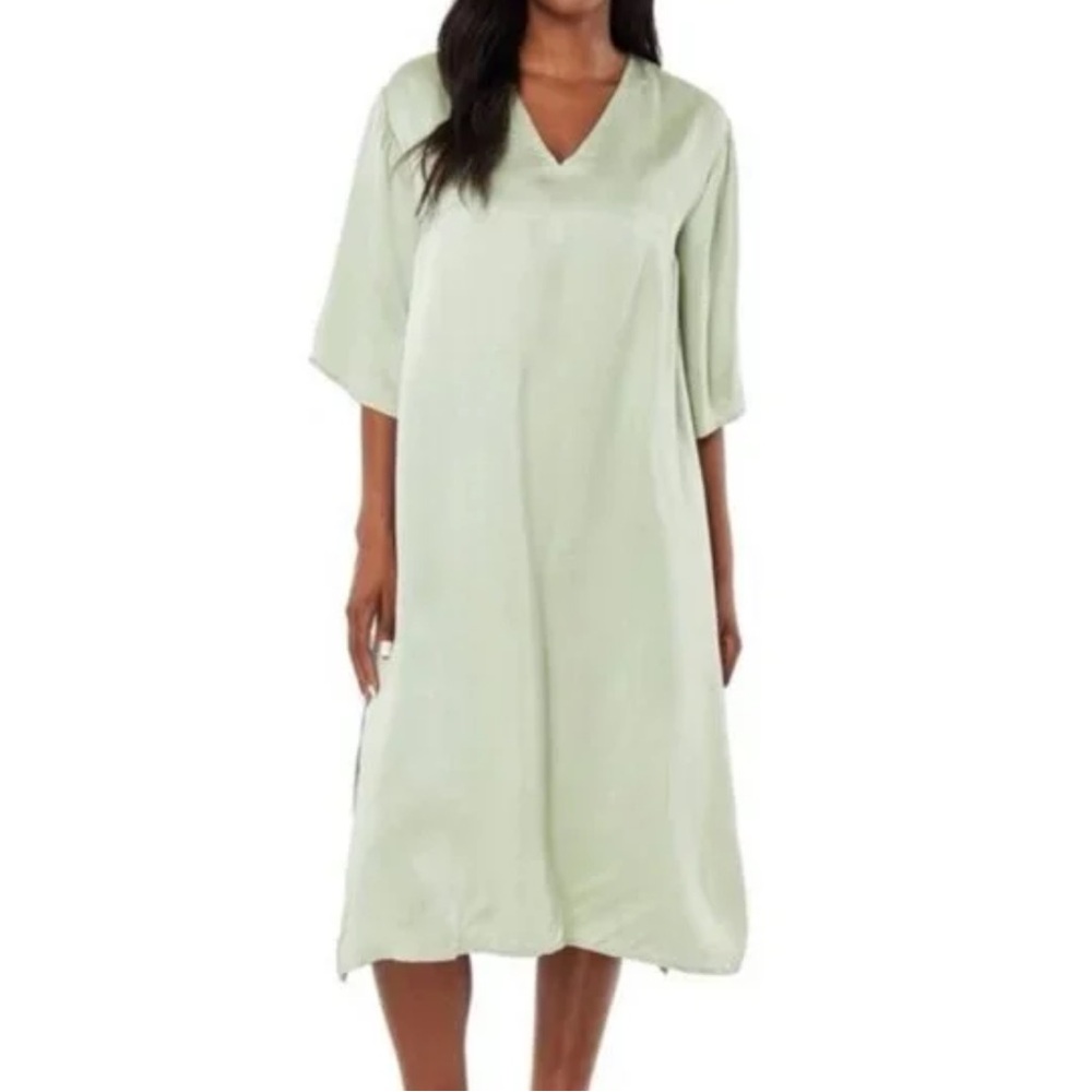 Roller Rabbit 100% Silk Raine Caftan Dress Size S Sage Light Green Pastel Slits